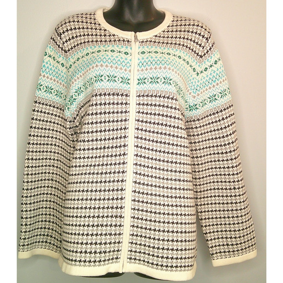 Talbots Blue Fair Isle Cable Knit Crew Neck Full Zip Sweater Women's 2X - Picture 1 of 6